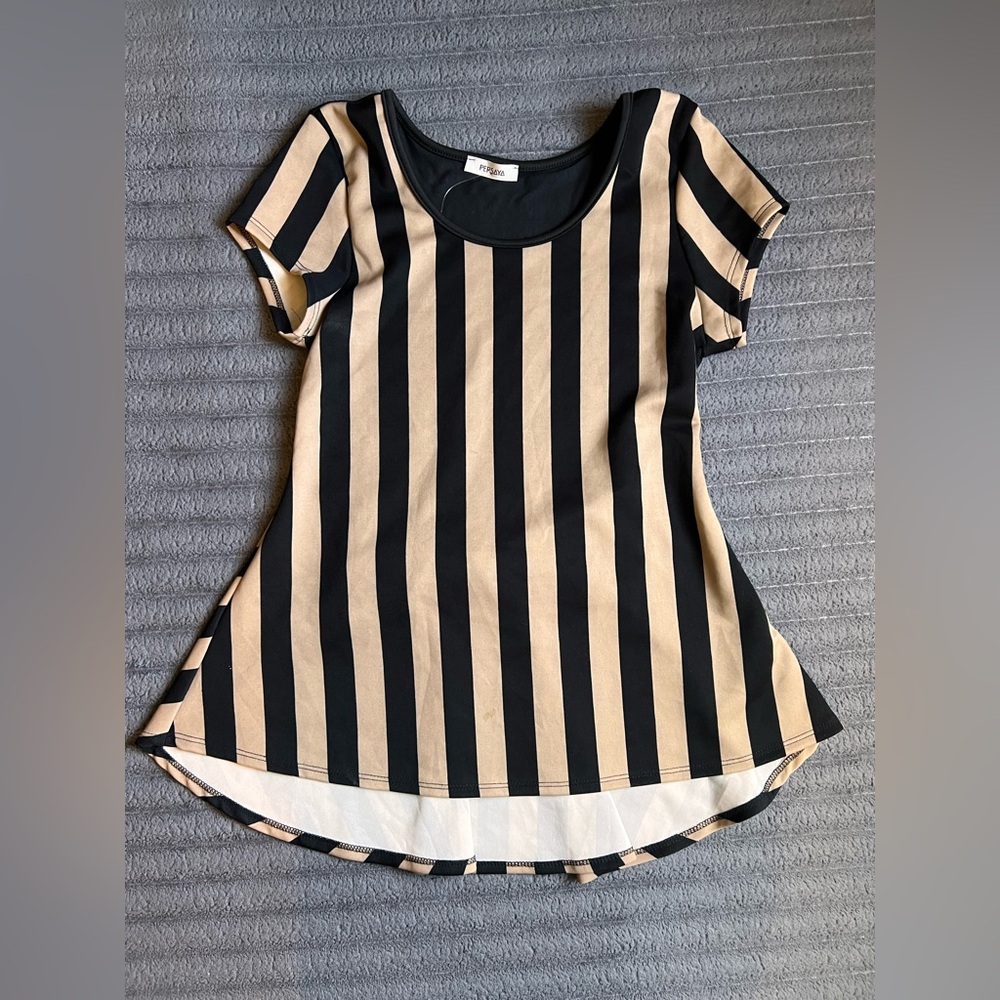 Persaya Black and Beige L Striped Peplum Top